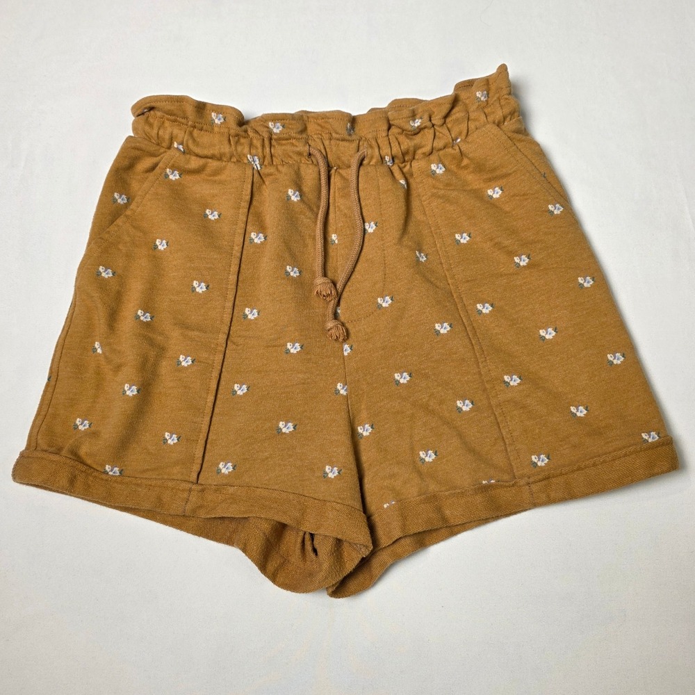 Arizona Jean Co Shorts Womens Medium Brown Floral Paperbag Waist French Terry